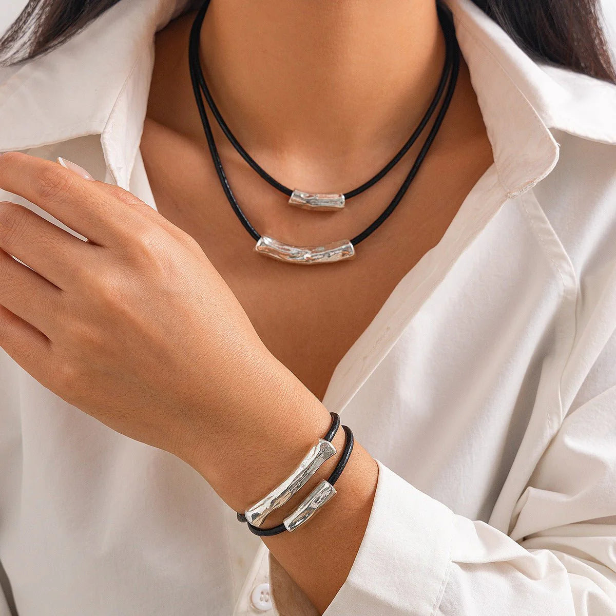 Cylindrical Leather Wax Line Necklace Suit β Hip Hop Alloy Pendant Necklace, Trendy Street Style Necklace for Men & Women