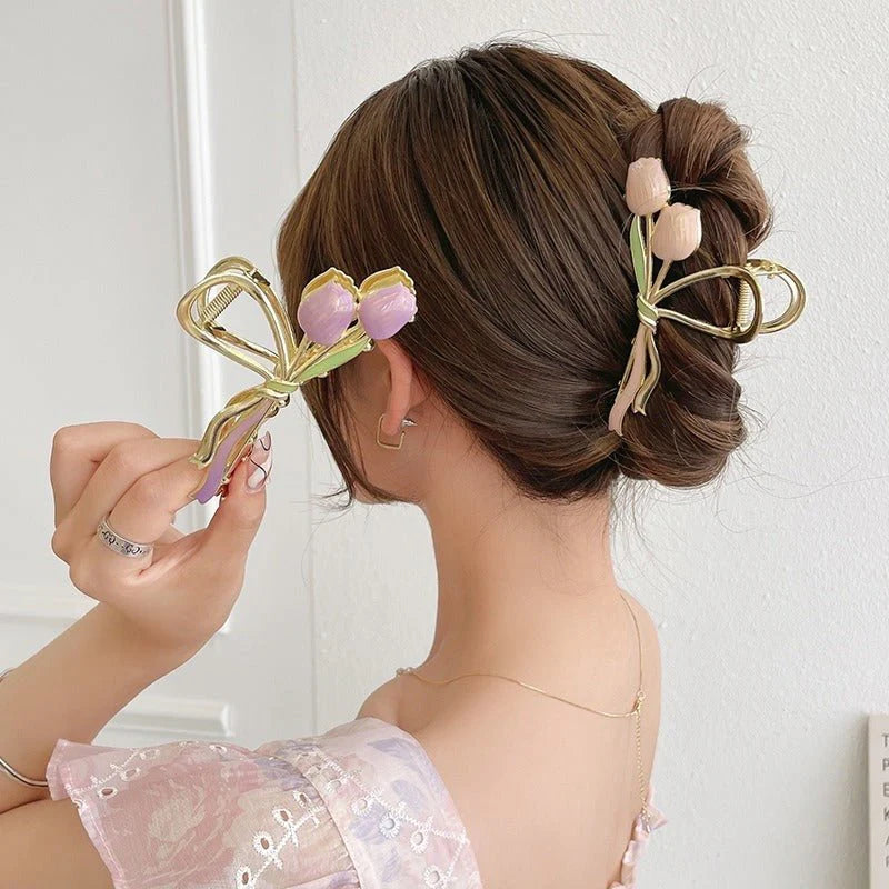 Oil Dripping Tulip Metal Grip Back Head Barrettes – Elegant Hair Clip, Chic Tulip Design Barrette for Women, Stylish Hair Accessories