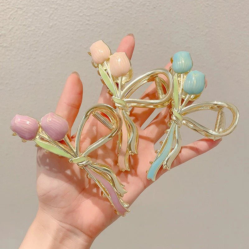 Oil Dripping Tulip Metal Grip Back Head Barrettes – Elegant Hair Clip, Chic Tulip Design Barrette for Women, Stylish Hair Accessories