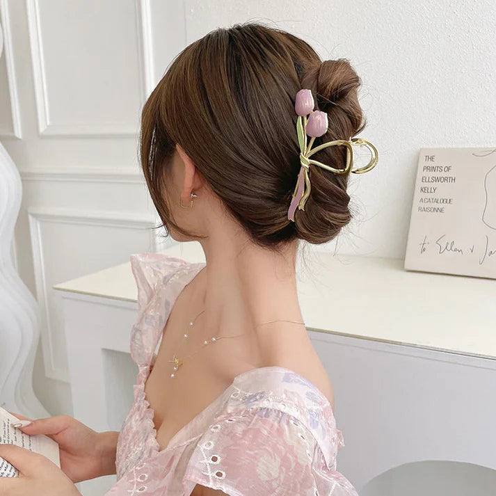 Oil Dripping Tulip Metal Grip Back Head Barrettes – Elegant Hair Clip, Chic Tulip Design Barrette for Women, Stylish Hair Accessories