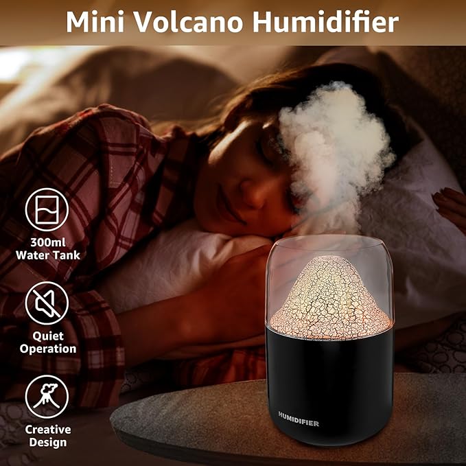 Mini Volcano Humidifier with LED Flame Effect – Portable Cool Mist Air Diffuser for Home, Office, Bedroom**