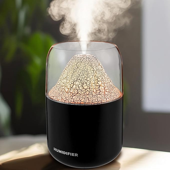 Mini Volcano Humidifier with LED Flame Effect – Portable Cool Mist Air Diffuser for Home, Office, Bedroom**